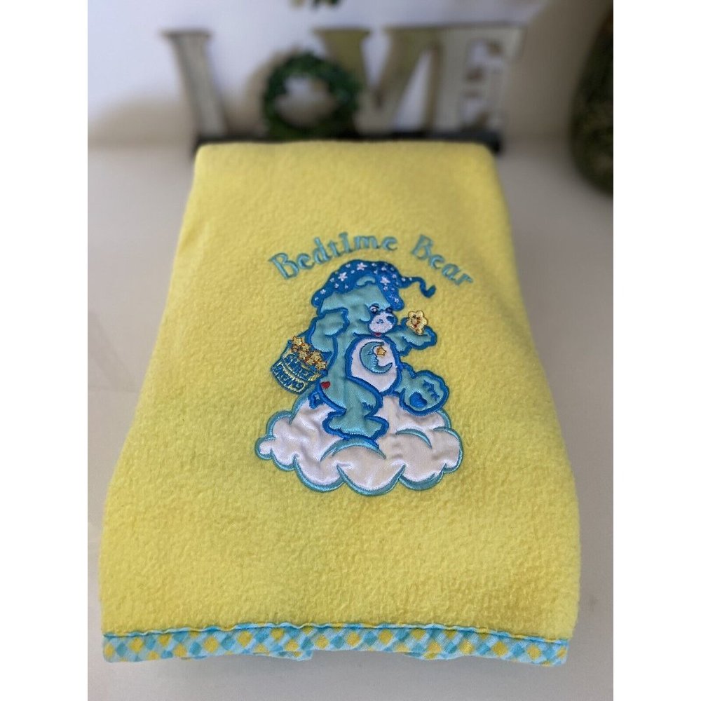 Vintage Care Bears Fleece Baby Blanket Bedtime Bear Sweet Dreams Yellow Blue EUC